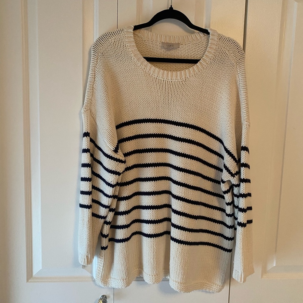 LOFT Cream and Navy Blue Striped Sweater - Size XL